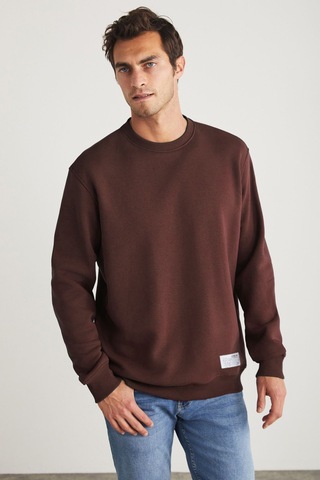 Grımelange Grımelange Travıs Erkek Organik Kumaşlı Yumuşacık Regular Fit Yuvarlak Yakalı Kahverengi Sweatshirt Kahverengi