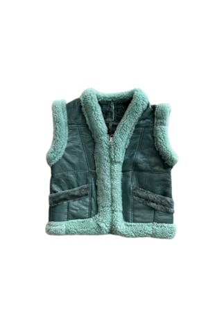Patchwork İçi Kürk-dışı Süet Gerçek Deri Çocuk Yelek Turkuaz