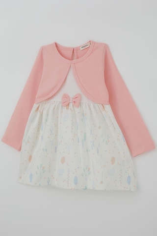 Breeze Kız Çocuk Uzun Kollu Elbise Bolerolu Eteği Çiçek Desenli Fiyonklu 3-8 Yaş, Pembe