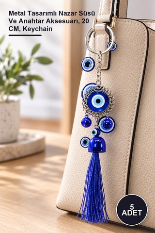 5 Adet Metal Nazar Boncuğu Anahtarlık Metal Tasarımlı Nazar Süsü Ve Anahtar Aksesuarı, 20 Cm, Keychain