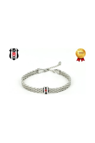 Besiktas Logolu Hasır Desenli Paslanmaz Çelik Ayarlanabilir Zincir Unisex Bileklik Gri