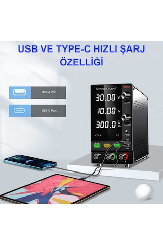 Ayarlı Dc Güç Kaynağı 30v/10a Şarj Fonksiyonlu Siyah