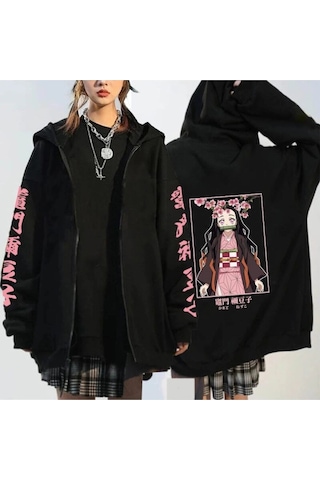 Adrift Nezuko Anime Demon Hoodie Kimetsu Fermuarlı 15123 Siyah