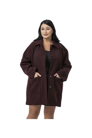 Büyük Beden Gömlek Yaka Reglan Kollu Torba Cepli Astarsız Kaşe Kısa Bordo Kaban Bordo
