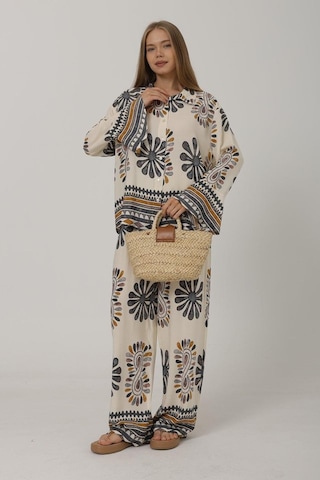 Desenli Kolları Volanlı Pantolon Takım - Antrasit Antrasit