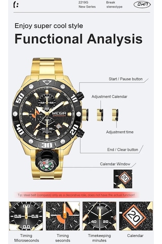 Megır 2219 Tüm Fonksiyonları Aktif Erkek Kol Saati Gold