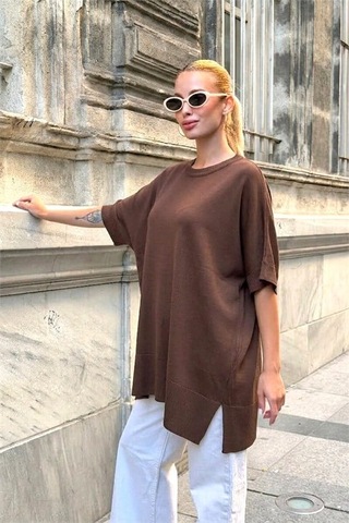 Veraura Lifestyle Kahverengi Oversize Triko Bluz