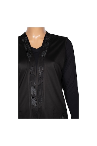 Hesna Kadın Alçin Büyük Beden 2 İp Kristal Taşlı Cepli Siyah Yelek Siyah