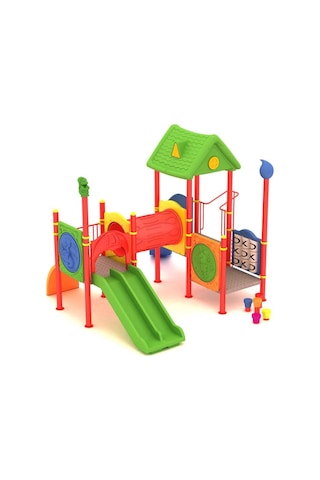 Çocuk Oyun Grubu, 6x5m İki Kaydıraklı Ev Çatılı -70 Çok Renkli