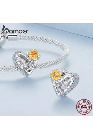 Bamoer 925 Ayar Gümüş Ayçiçeği Charms Boncuk Kadınlar İçin Orijinal Gümüş Bilezik Güzel Takı Gümüş
