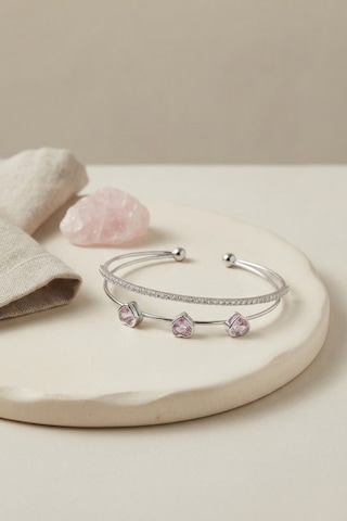 Pembe Kalp Model Zirkon Taşlı Gümüş Renk Kadın Bileklik - Lisinya
