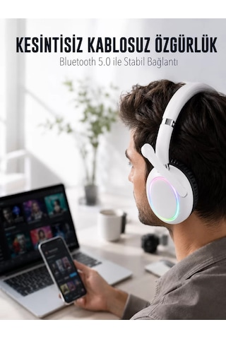 Northcity Rgb Işıklı Mikrofonlu Bluetooth Kulaklık Beyaz Over-ear Tasarım Type-c Şarjlı