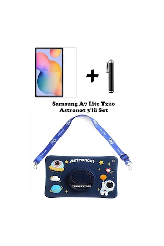Samsung Galaxy Tab A7 Lite T220 T225 T227 Uyumlu Kedi Kılıf Askılı Standlı Koruyucu 3'lü Set Silikon Kılıf