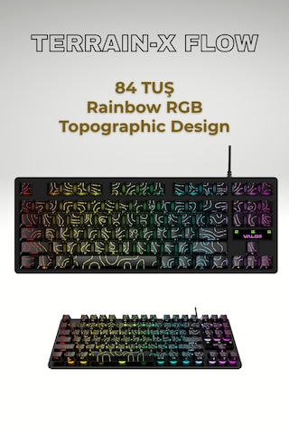Terrain-x Flow Oyuncu Klavyesi 84 Tuş - Topografik Tasarım - Rainbow - Kablolu Oyuncu Klavyesi