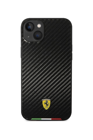 İphone Uyumlu 14 Plus Kılıf Ferrari Lisanslı Magsafe Uyumlu Karbon İtalyan Bayrak Dizayn Kapak Siyah