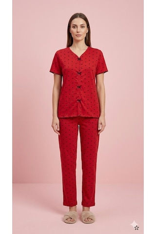 Sleeproom Yazlık Kırmızı Kalp Desenli Kısa Kol Penye %100 Pamuk Pijama Takım Kırmızı Siyah Kalp