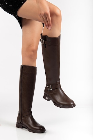 Kahverengi Kadın Çizme Düz Topuklu Bilek Kemerli-4285 Kahverengi