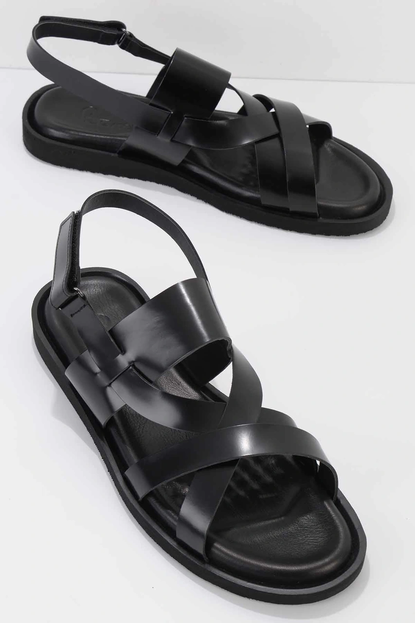 Siyah Hakiki Deri Erkek Sandalet Siyah