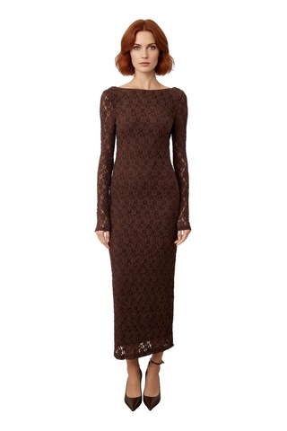 Ersefa Kadın Kayık Yaka Bodycon Kesim Uzun Kollu Astarlı Dantel Detay Ma Koyu Kahverengi