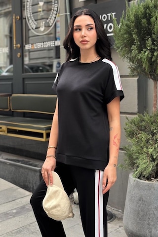 Ded Collectıon Kadın Şerit Detaylı Kısa Kollu Bluz Ve Havuç Pantolon Modal Kumaş Takım Siyah