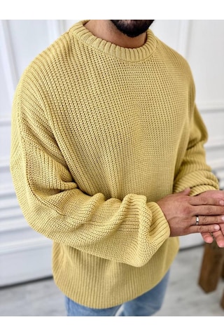 Kazak Oversize Çift Kat Örme Naturel Pamuk Bol Kesim Tüylenmeyen Salaş Triko Kazak Hardal