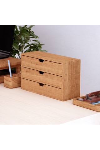 Desna Üç Katlı Üç Çekmeceli Mini Dolap 34 Cm Uzunluk X 12.1 Cm Genişlik X 20 Cm Woodsaka Doğal Ahşap