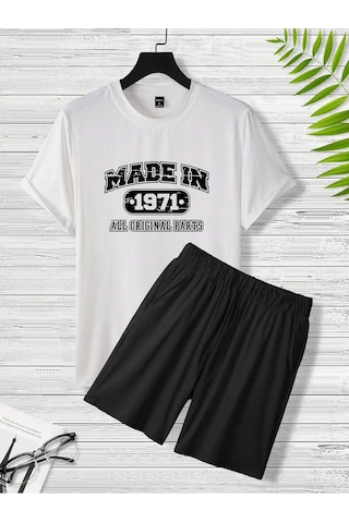 Made In 1971 T-shirt Şort - Beyaz Siyah Alt Üst Takım Şort Tişört Kombin Baskılı Bisiklet Yaka Beyaz Siyah
