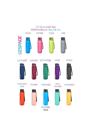 Uzspace 2'li Tritan Matara Seti 1000 ml Büyük Boy 14 Farklı Renk Seçeneği FiftyFifty