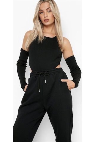 Pink Life Siyah Kalın Kumaş Kolluklu Bodysuit Siyah