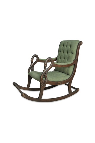 Asedia Vintage Kuğu Ceviz Yeşil El Oyması Ahşap Sallanan Sandalye Dinlenme Koltuğu