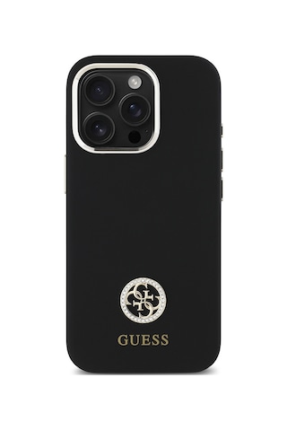 Apple iPhone 16 Pro Max Kılıf Guess Lisanslı Yazı Ve Taşlı 4g Logo Metal Kamera Çerçeveli Silikon Siyah
