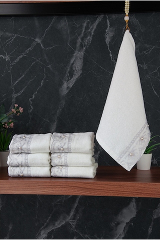 % 100 Pamuklu Kadife Güpürlü İnci Işlemeli 6 Lı Çeyizlik El Yüz Havlu Seti - 30x50 Cm - 04466 - Gri Gri