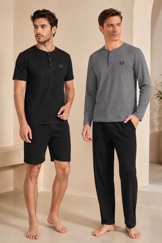 Loule Erkek Siyah Penye Yazlık Kışlık Pijama Takımı 4 Parça