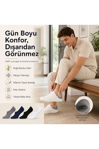 Womanandkids Wak Erkek Bambu 4 Lü Babet Çorap Görünmez No Show Dikişsiz Silikon Topuklu Çok Renkli 4 Lü