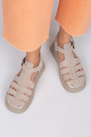 Manijero Rosa Kadın Hakiki Deri Tokalı Bej Sandalet 001