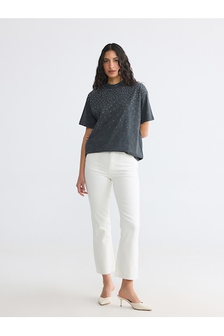 Lcw Modest Ekru Crop Flare Kadın Jean Pantolon