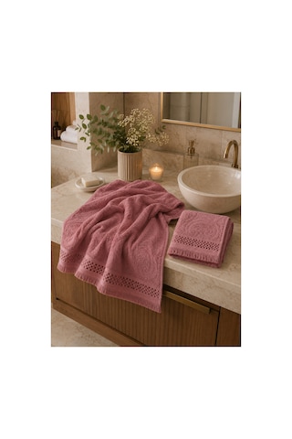 Paisley Desenli Saçaklı 2 Li Baş Ve Banyo Havlusu Seti 50x90 + 90x150 Cm - Gül Kurusu