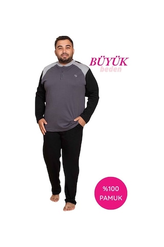 Erkek Büyük Battal Beden Desenli 3 Düğmeli %100 Pamuk Mevsimlik Uzun Kol Cepli Pijama Takımı Gri-siyah