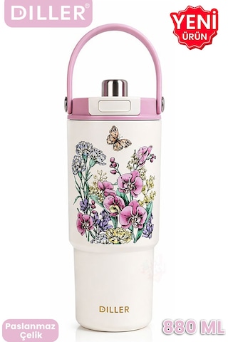 Dıller Tumbler 880 Ml Tek Kapak Çift Kullanım Pipetli/pipetsiz Taşıma Kulplu Çelik Termos-ffd9505-880ml Mor