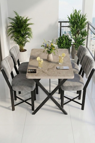Reyo Falez Elma 110x70 Cm Masa Takımı 4 Sandalyeli Modern Mutfak Balkon Kafe Yemek Masası Seti Traverten - Gri 9886