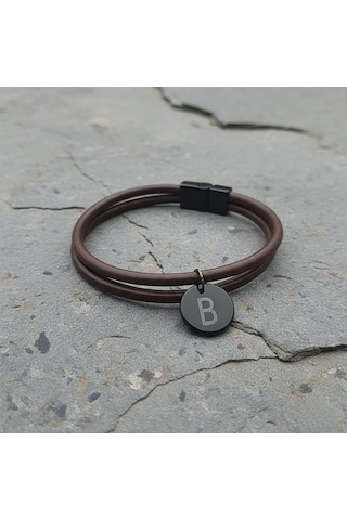Kişiye Özel Harf Plakalı Çift Sıra Kahverengi Deri Erkek Bileklik Kahverengi