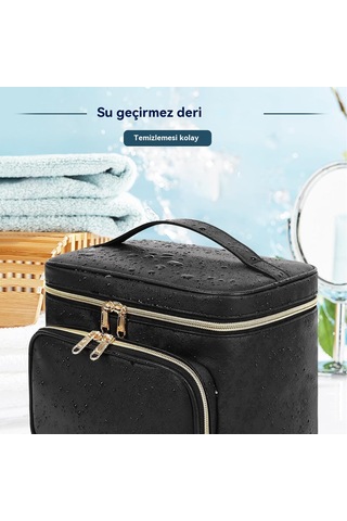 Büyük Makyaj Çantası, Kadınlar Kızlar İçin Taşınabilir Seyahat Makyaj Çantası Makyaj Fırçası Bölmeli, Saplı Ve Ayırıcılı Şık Makyaj Çantası Düzenleyici Kozmetik Çantası - Siyah Altın