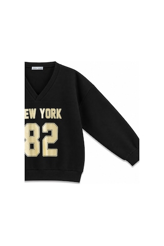 Vadon 1046 Kadın V Yaka New York Baskılı 3 İplik Pamuklu Sweatshirt Siyah