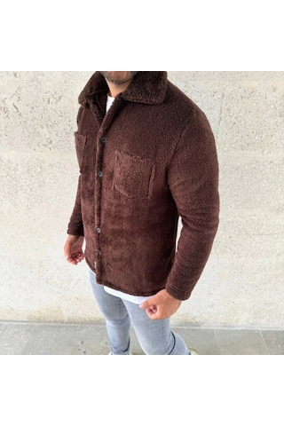 Valensdesign Erkek Pelüş Polar Hırka Gömlek Yakalı, İlik Düğmeli, Göğüs Cepli, Yumuşak Dokulu Kışlık Regular Fi Kahverengi