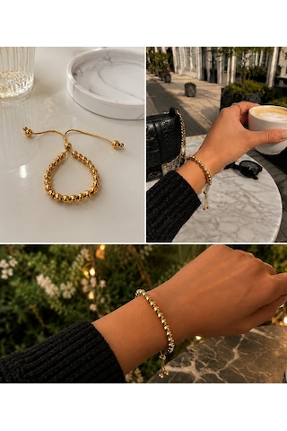 Premium Gold Renk Yuvarlak Model Şık Ve Parlak Toplu Asansörlü 316l Çelik Bileklik 22cm Altın
