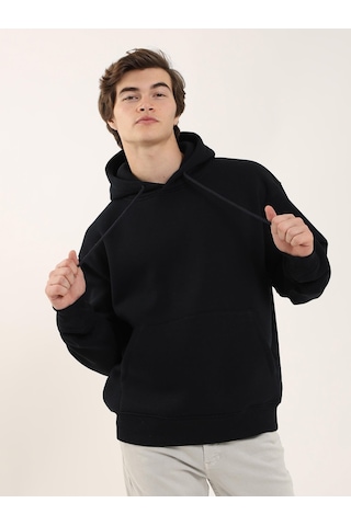 Dufy Erkek Oversize Düz Pamuklu Kapüşonlu Sweatshirt Lacivert - 103722 Lacivert