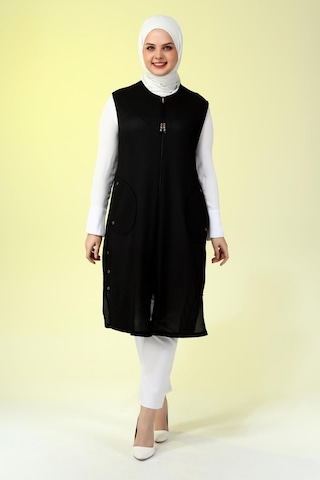 Kadin Buyuk Beden Petek Kumaş Cepli Fermuarlı Düğmeli Yelek 001