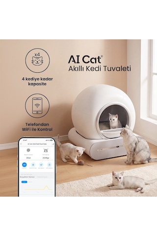 AI Cat Akıllı Kedi Tuvaleti - Otomatik Temizlenen Kapalı Kedi Kum Kabı (Poşet Hediyeli ve Elekli Paspas)