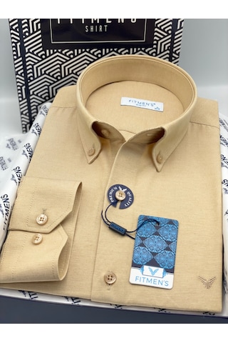 Slim Fit Uzun Kol Pamuklu Hediye Kutulu Kolay Ütülenebilir Erkek Gömlek Fs-002225 - Hardal-3380