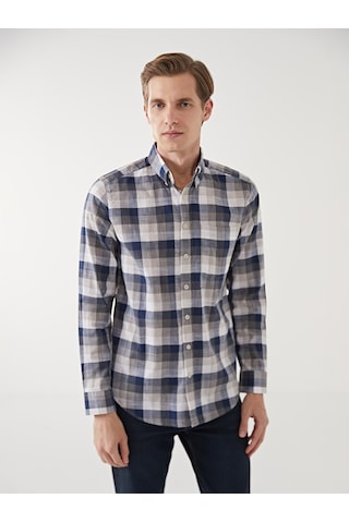 Lcwaıkıkı Classic Bej Regular Fit Uzun Kollu Ekose Poplin Erkek Gömlek